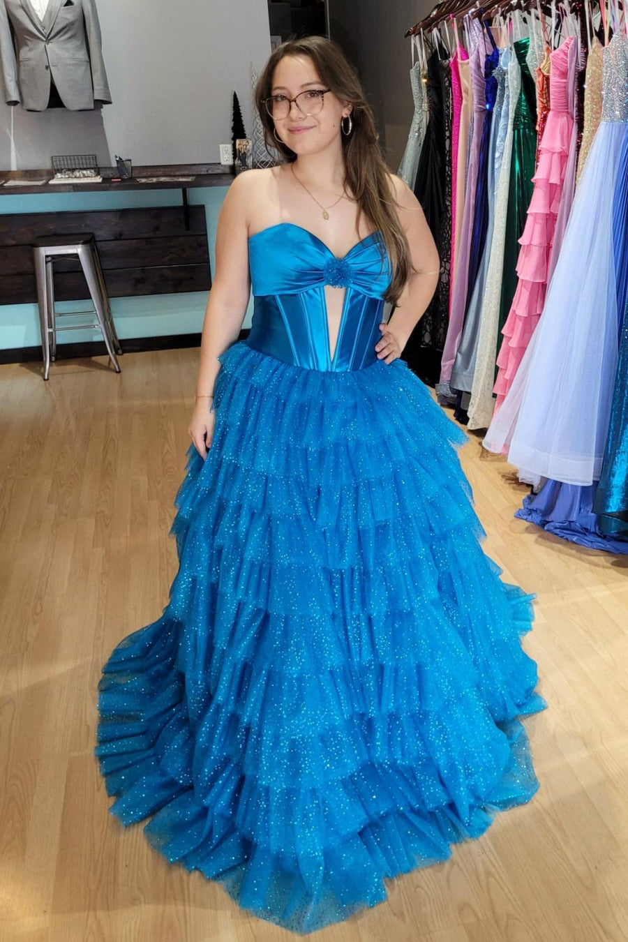 Strapless Fuchsia Tiered Tulle Long Dress with Slit
