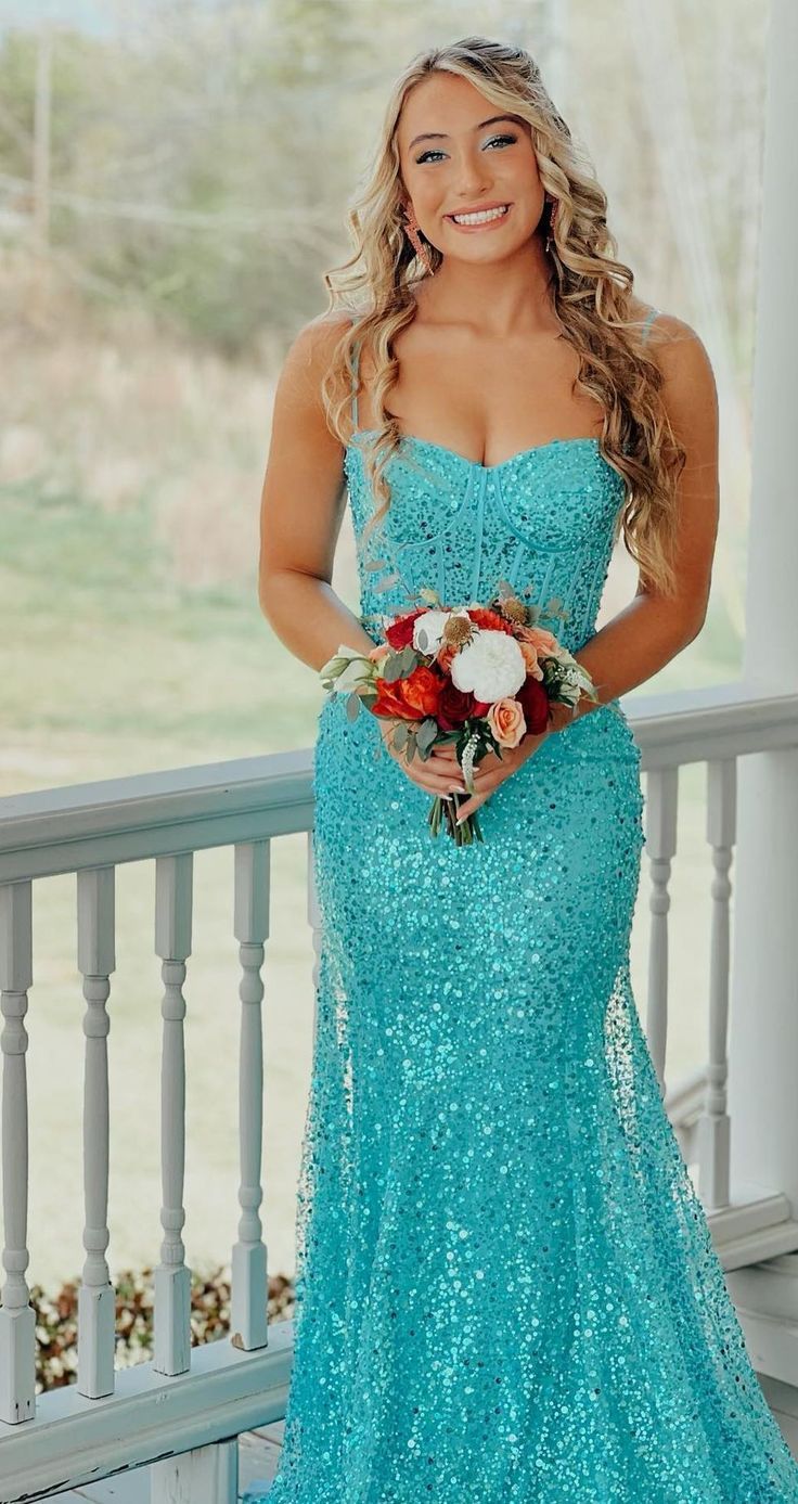 Light Blue Sequin Mermaid Long Formal Dress