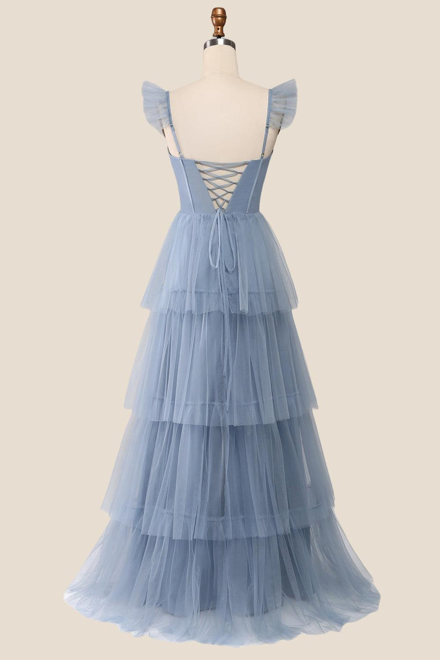 Blue Tulle Tiered A-line Long Dress