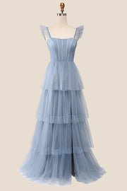 Blue Tulle Tiered A-line Long Dress