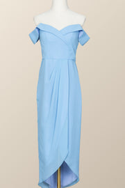 Off the Shoulder Blue Draped Midi Bridesmaid Dress