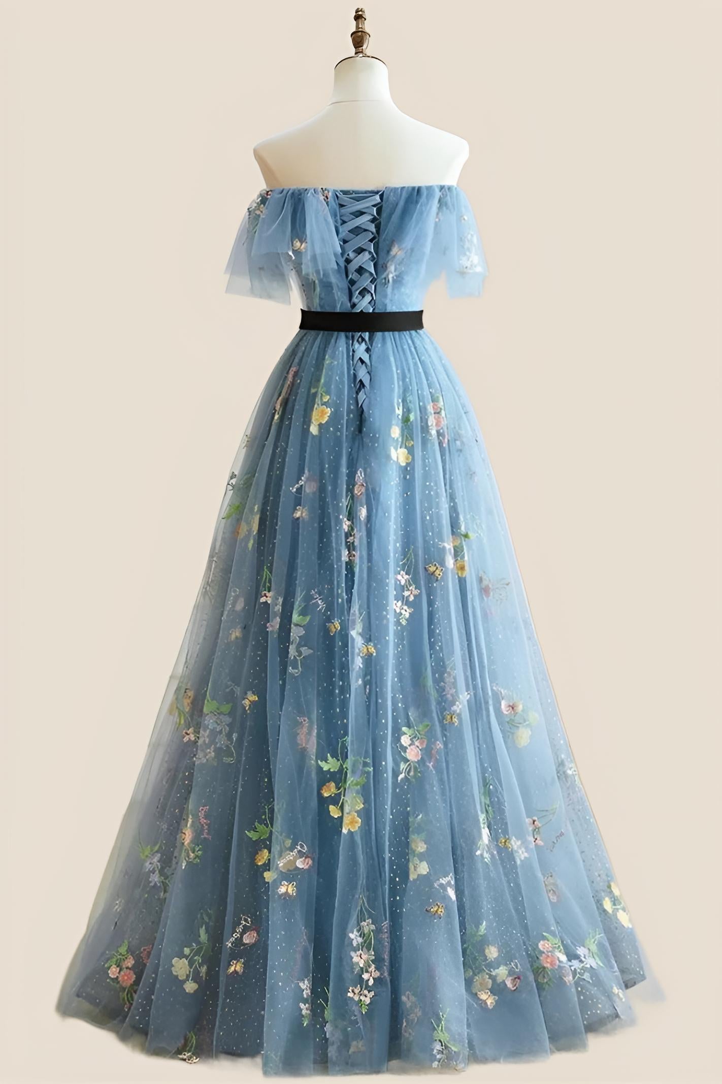 Strapless Blue Floral Fairytale A-line Long Princess Dress