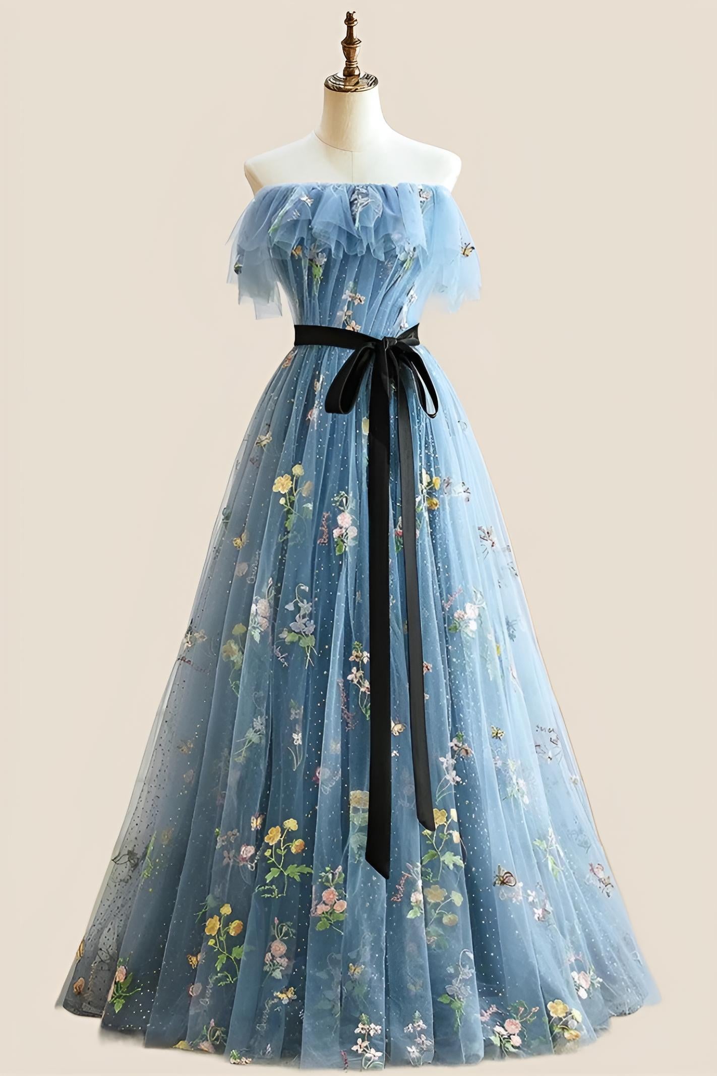 blue fairytale prom dress Dreamy Fairytale Blue Tulle Long Prom Dress Off Shoulder With Butterflies