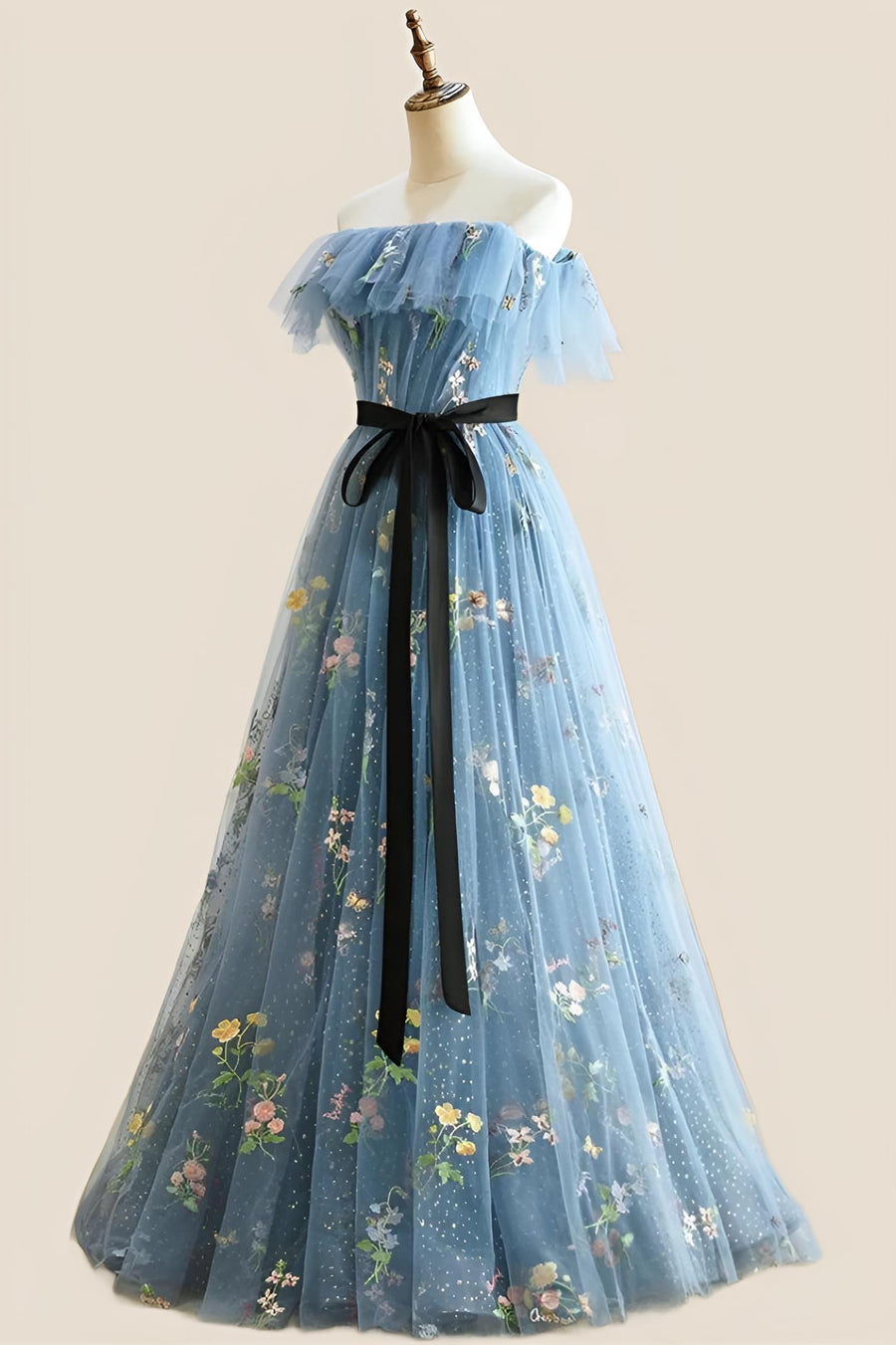 Strapless Blue Floral Fairytale A-line Long Princess Dress