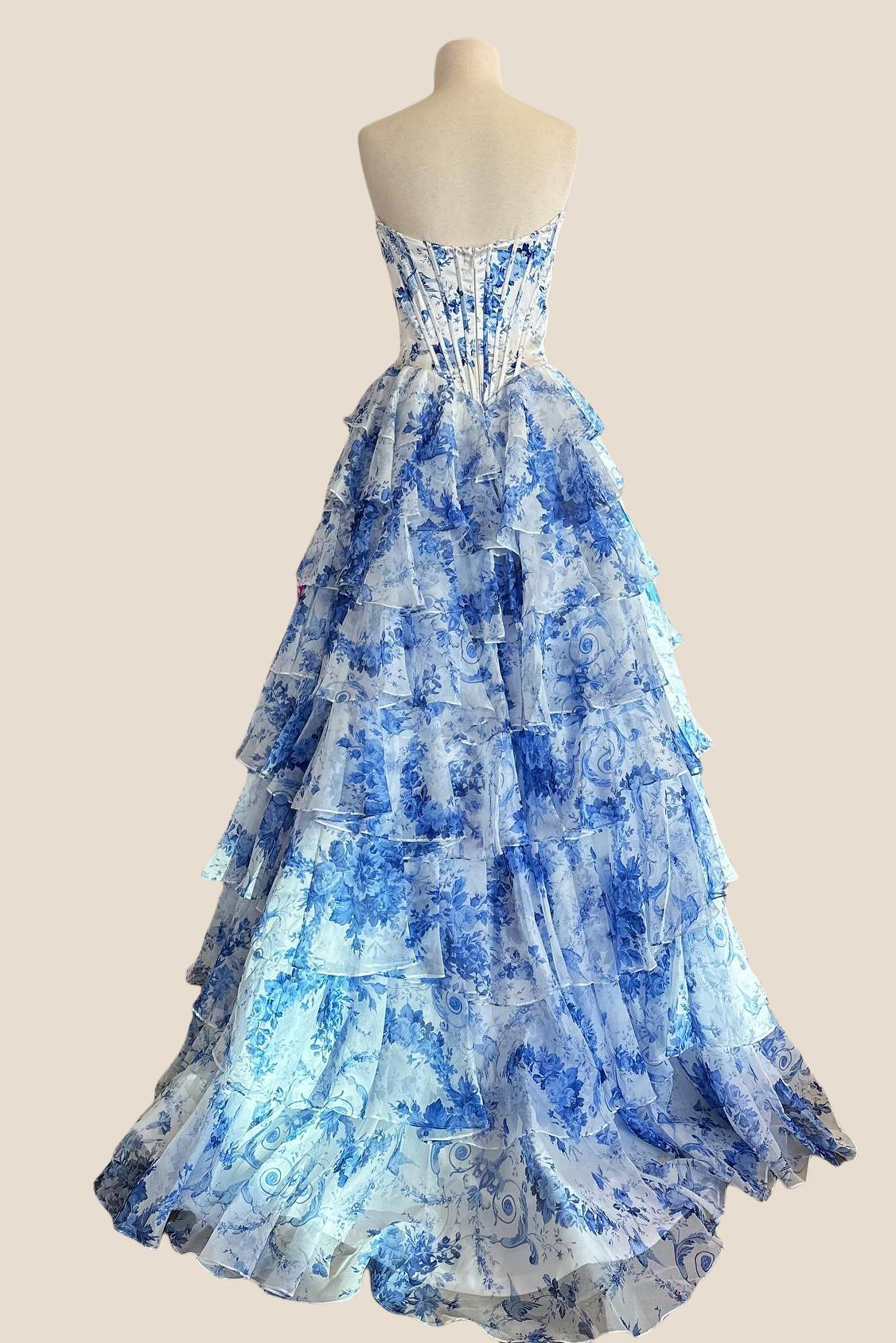 Sweetheart Blue Floral Corset A-line Ruffle Gown