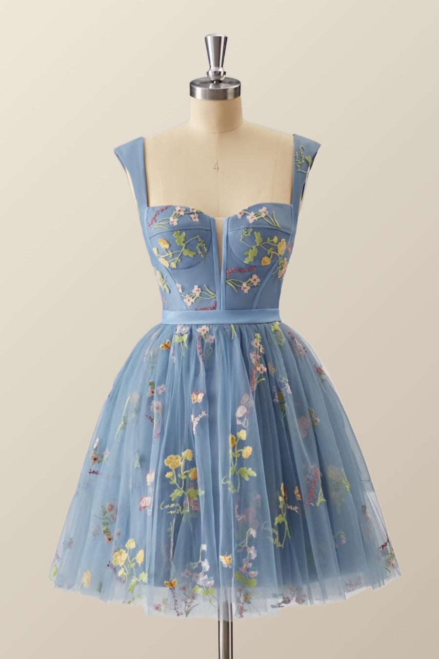 Cap Sleeves Blue Floral A-line Short Dress Ohmollydress Cap Sleeves Blue Floral A-line Short Dress Ohmollydress