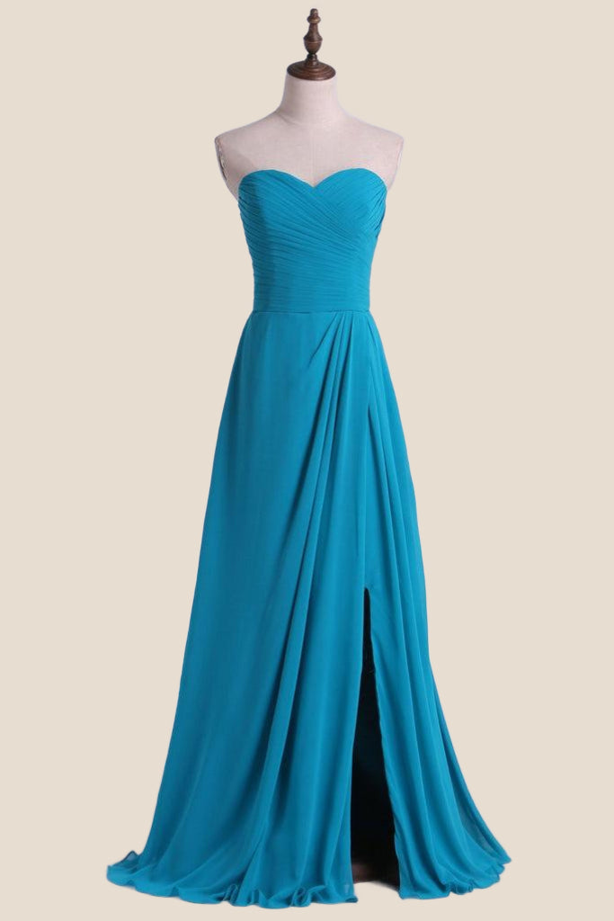 Strapless Blue Chiffon A-line Long Bridesmaid Dress