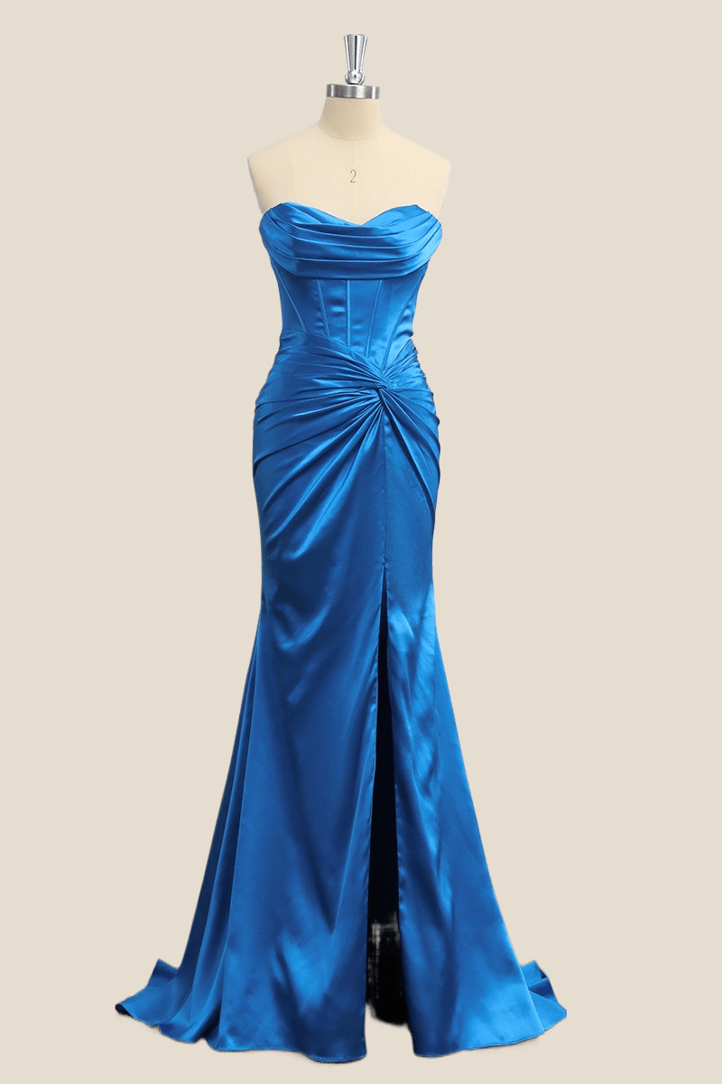 Blue Ruched Strapless Mermaid Long Prom Dress