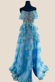 Off the Shoulder Blue Sequin Appliques Ruffles Long Formal Dress