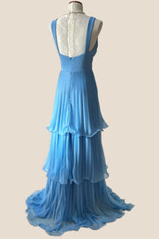 Blue Pleated Chiffon Tiered Long Party Dress