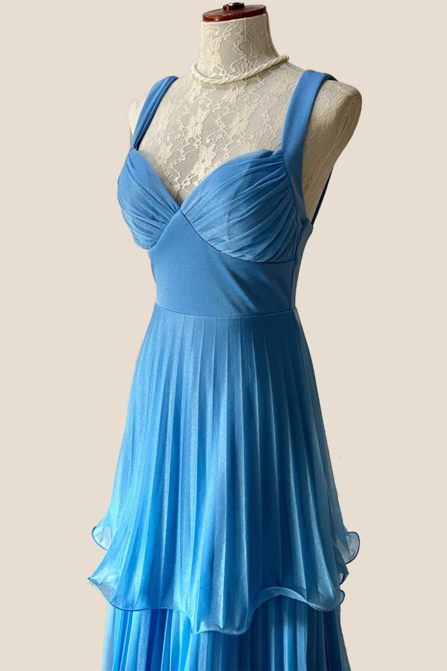 Blue Pleated Chiffon Tiered Long Party Dress