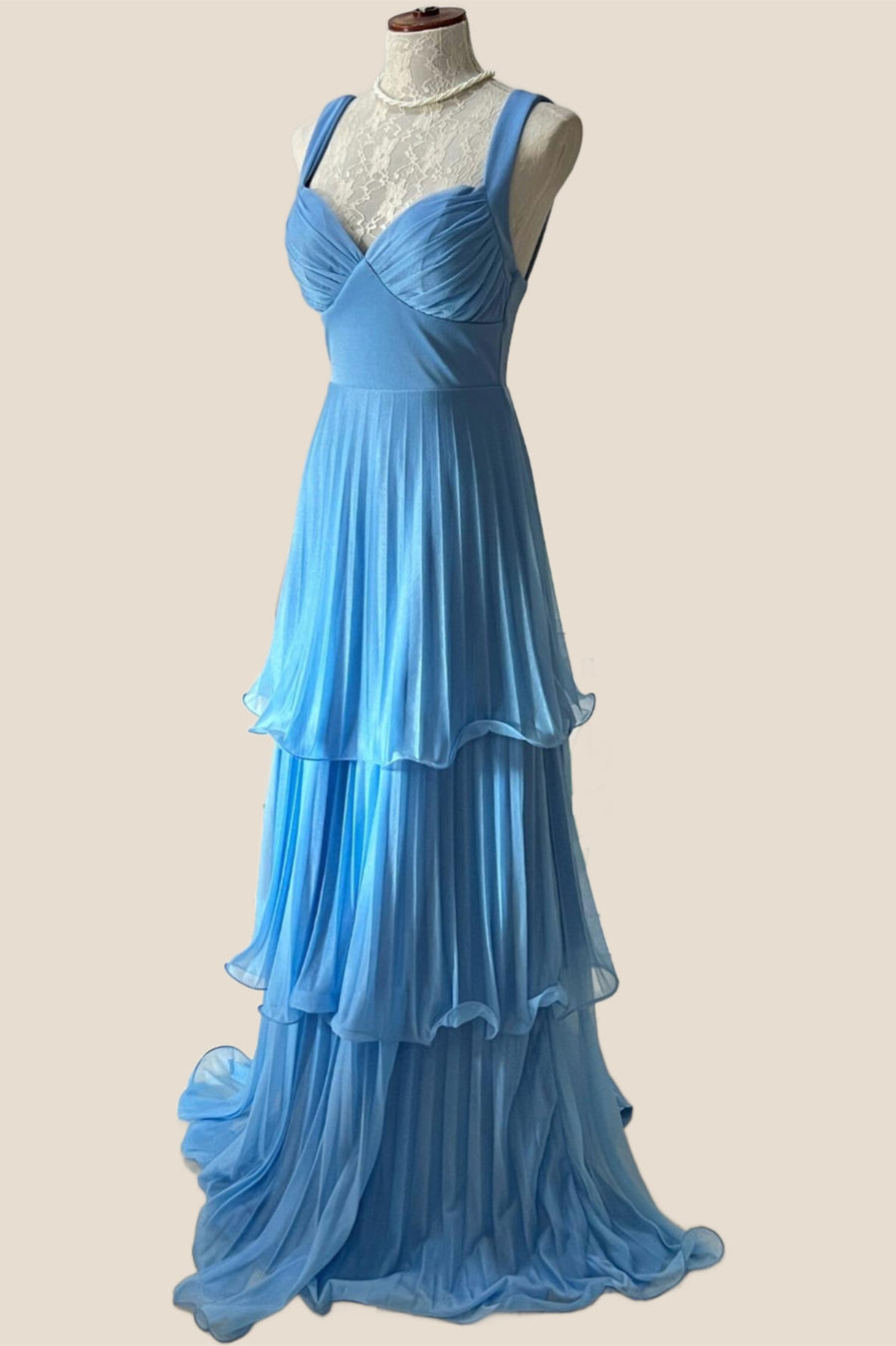 Blue Pleated Chiffon Tiered Long Party Dress