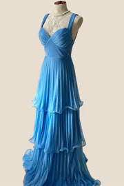 Blue Pleated Chiffon Tiered Long Party Dress