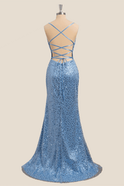 Straps Blue Sequin Mermaid Long Dress with Slit