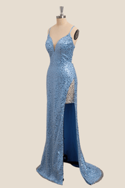 Straps Blue Sequin Mermaid Long Dress with Slit