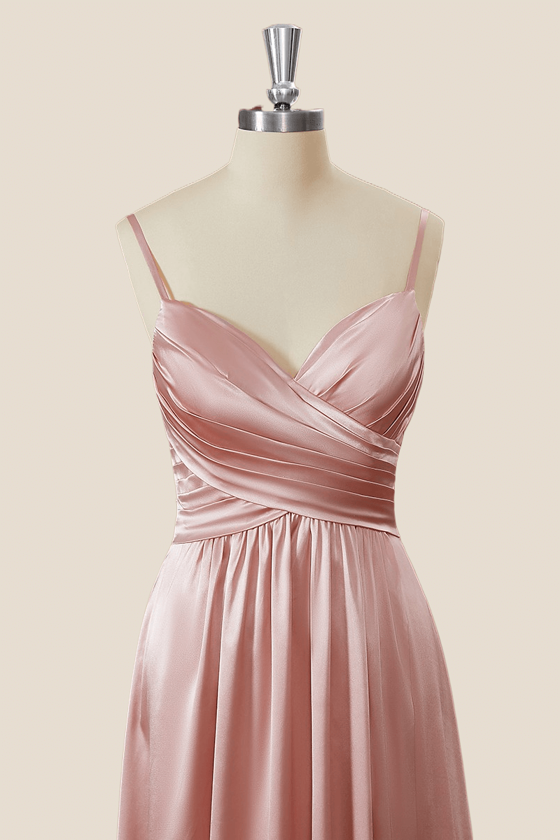 Blush Pink Pleated Satin A-line Long Bridesmaid Dress