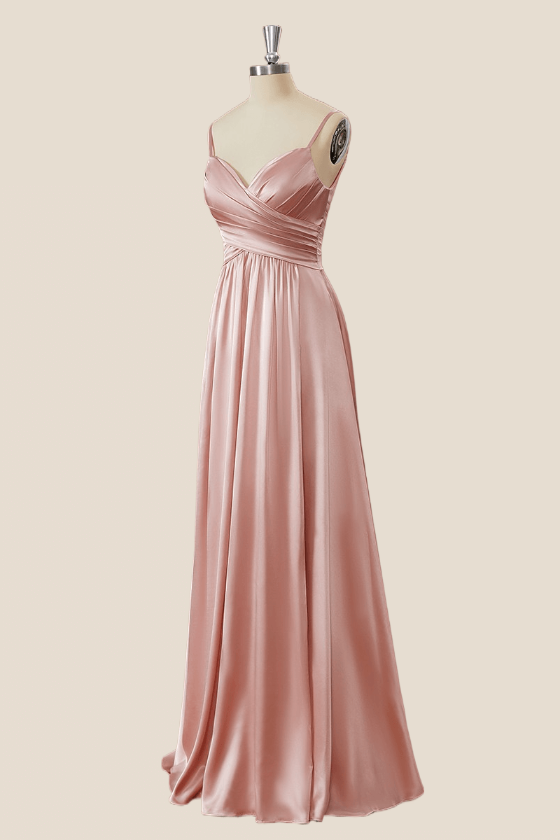 Blush Pink Pleated Satin A-line Long Bridesmaid Dress