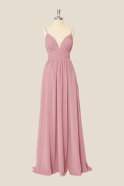 Straps Blush Pink Pleated Chiffon Long Dress
