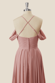 Blush Pink Pleated Chiffon A-line Long Bridesmaid Dress
