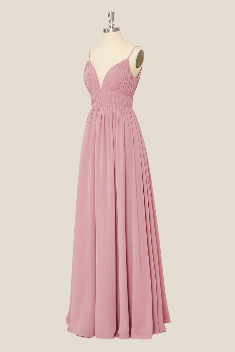 Straps Blush Pink Pleated Chiffon Long Dress
