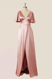 Empire Blush Pink Satin Long Bridesmaid Dress