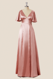 Empire Blush Pink Satin Long Bridesmaid Dress