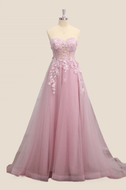 Blush Pink Corset Tulle Long Prom Dress with Short Sleeves