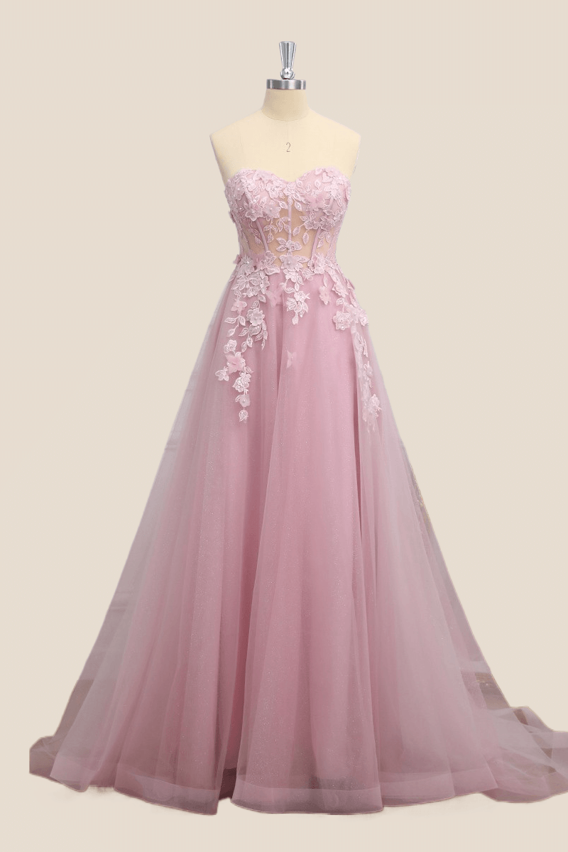 Blush Pink Corset Tulle Long Prom Dress with Short Sleeves