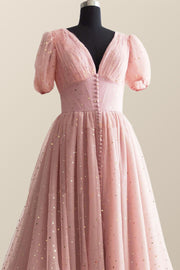 Short Sleeves Blush Pink Long Party Dress