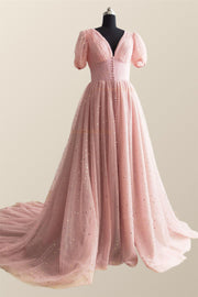 Short Sleeves Blush Pink Long Party Dress