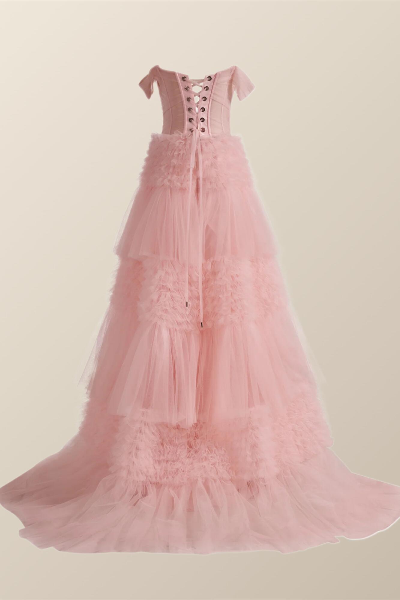 Off the Shoulder Blush Pink Ruffles Tulle Gown
