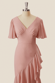 Blush Pink Mermaid Ruffles Tea Length Dress