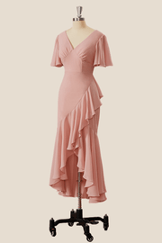 Blush Pink Mermaid Ruffles Tea Length Dress