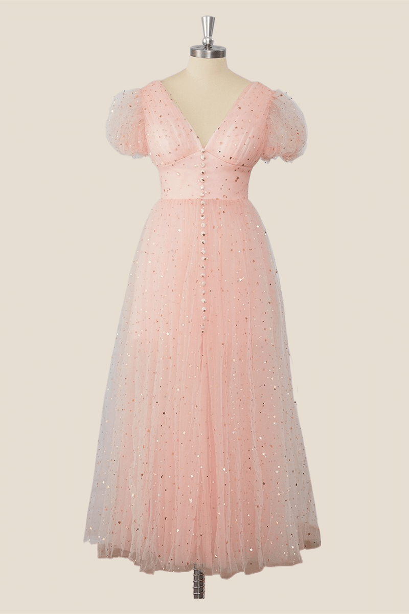 Blush Pink Sparkle Tulle Tea Length Dress