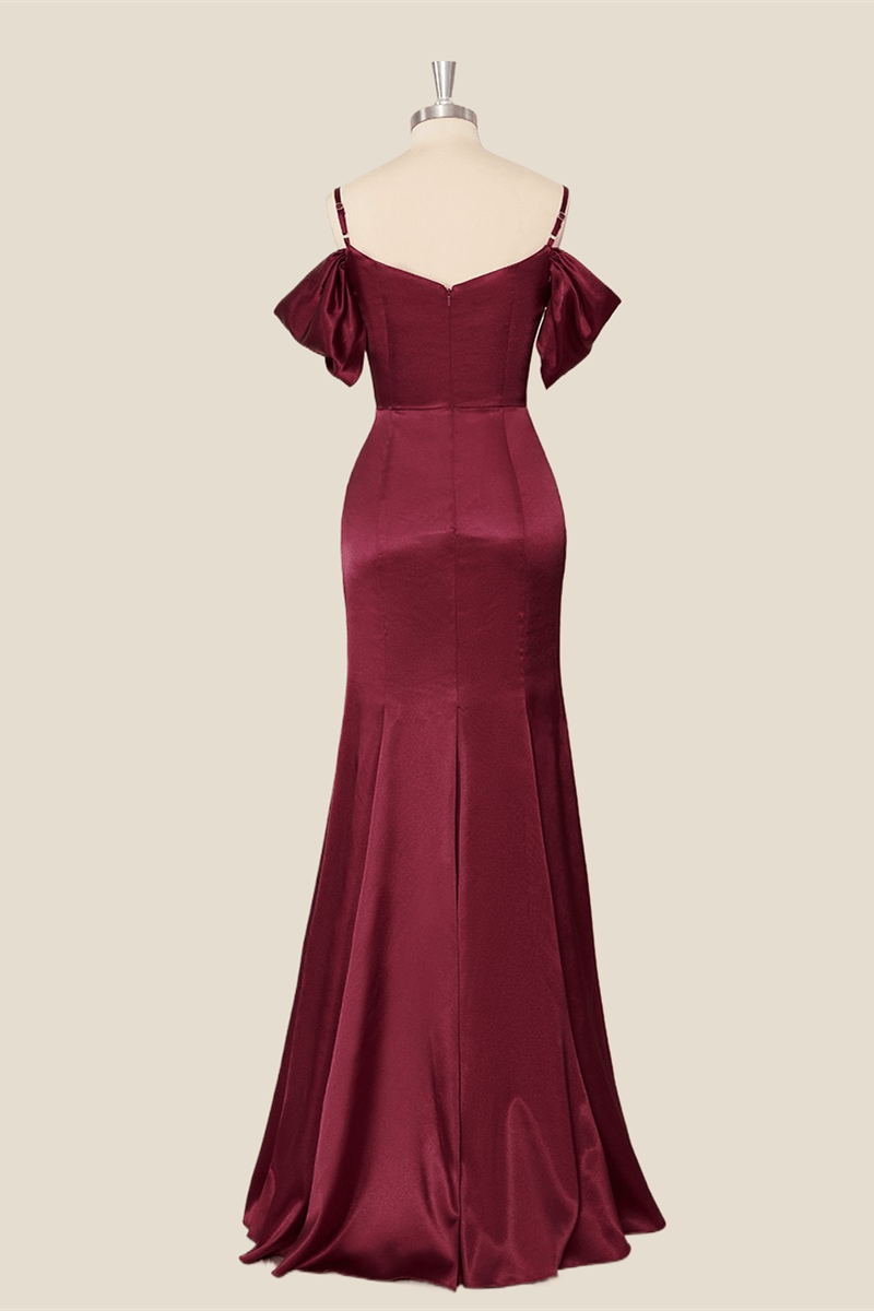 Straps Burgundy Ruched Mermaid Long Party Dress
