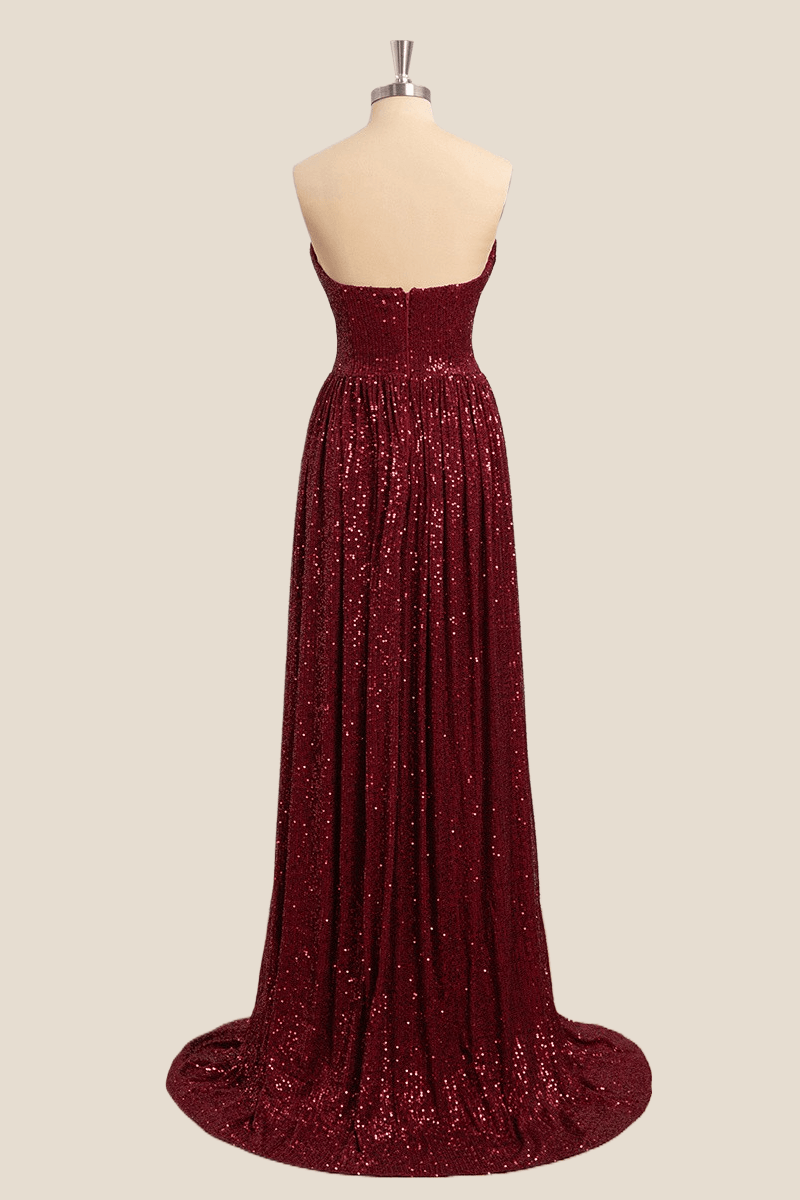 Ruched Sweetheart Burgundy Sequin Long Formal Dress
