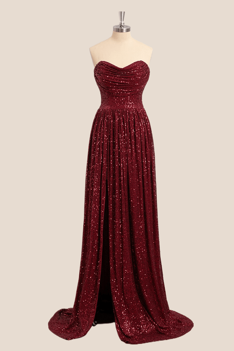 Ruched Sweetheart Burgundy Sequin Long Formal Dress