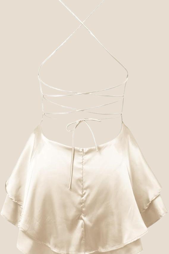 Straps White Lace-up Back Tiered Mini Dress