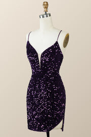 Straps Purple Sequin Tight Mini Dress with Slit