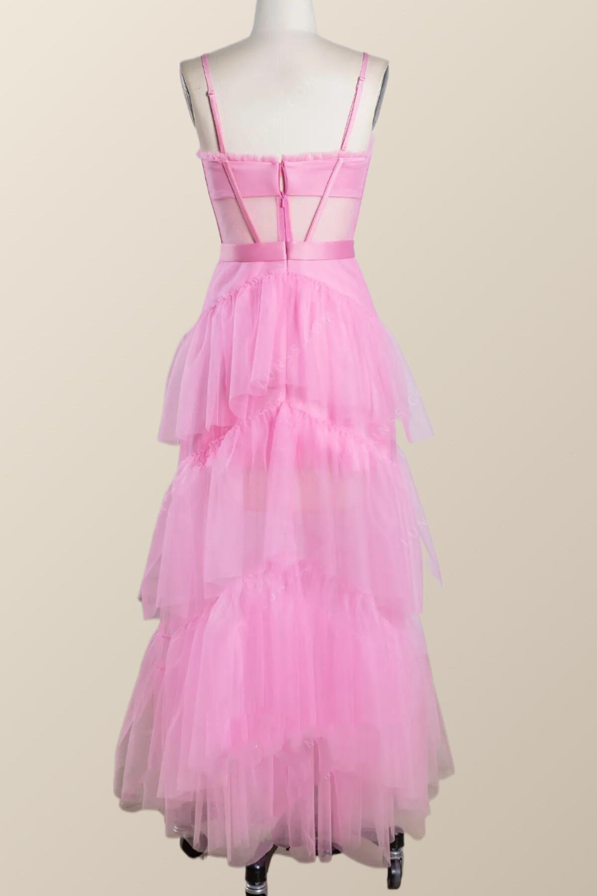 Pink Tulle Tiered Ruffle Party Dress