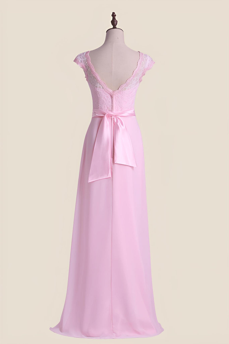 Cap Sleeves Pink Lace and Chiffon Long Bridesmaid Dress