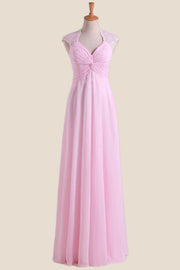 Pink Chiffon Twisted Chiffon Long Bridesmaid Dress