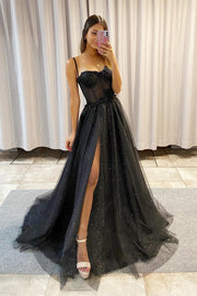 Straps Black Corset A-line Prom Gown