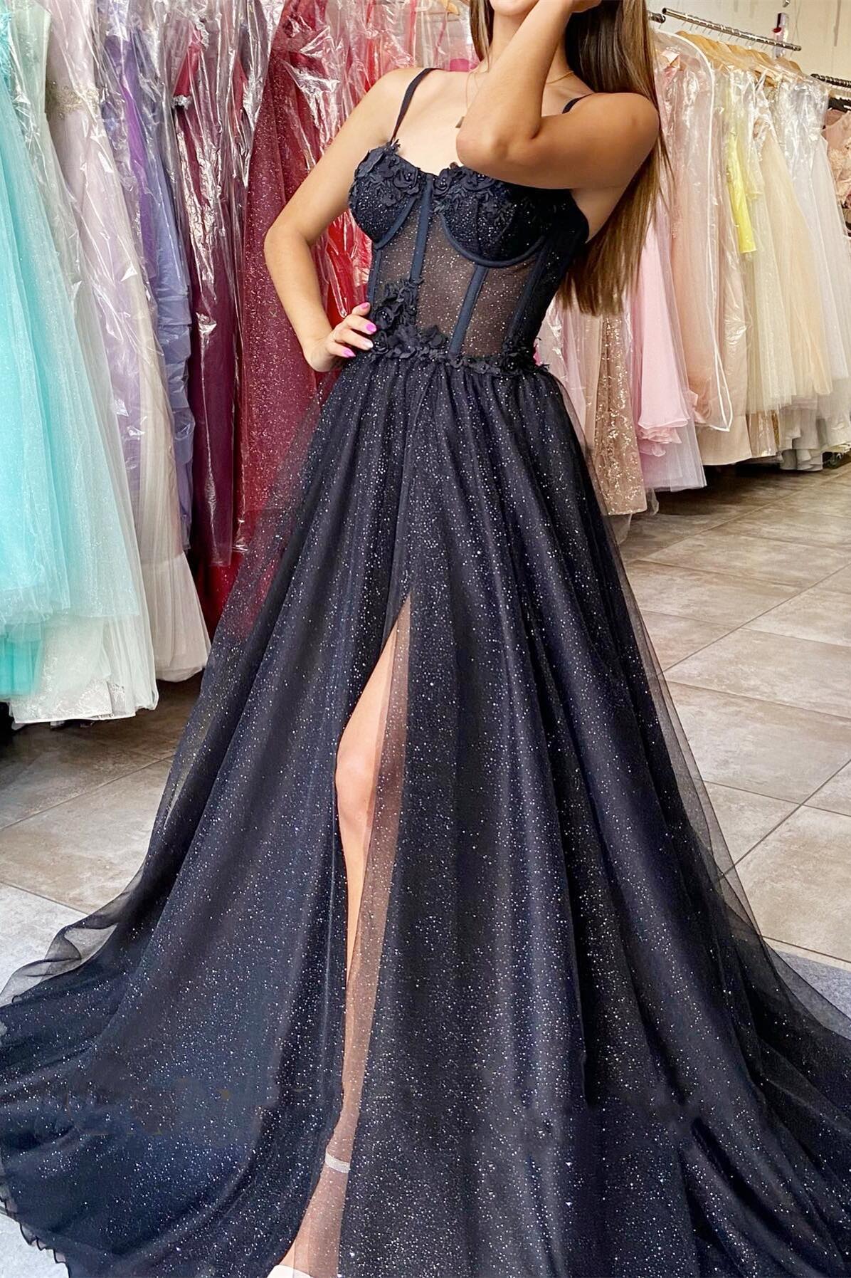 Straps Black Corset A-line Prom Gown