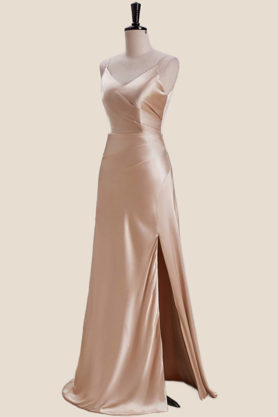 Straps Champagne Ruched Satin A-line Long Dress