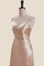 Straps Champagne Ruched Satin A-line Long Dress