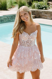 Spaghetti Straps Pink Tiered Short Homecoming Dress