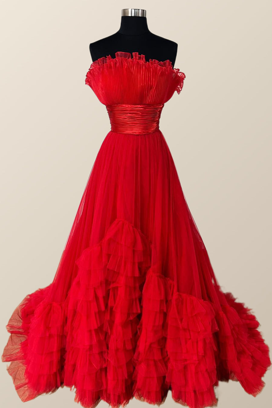Fit and Flare Red Tulle Ruffles Long Formal Gown