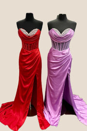 Strapless Fuchsia Beaded Long Dress with Slit