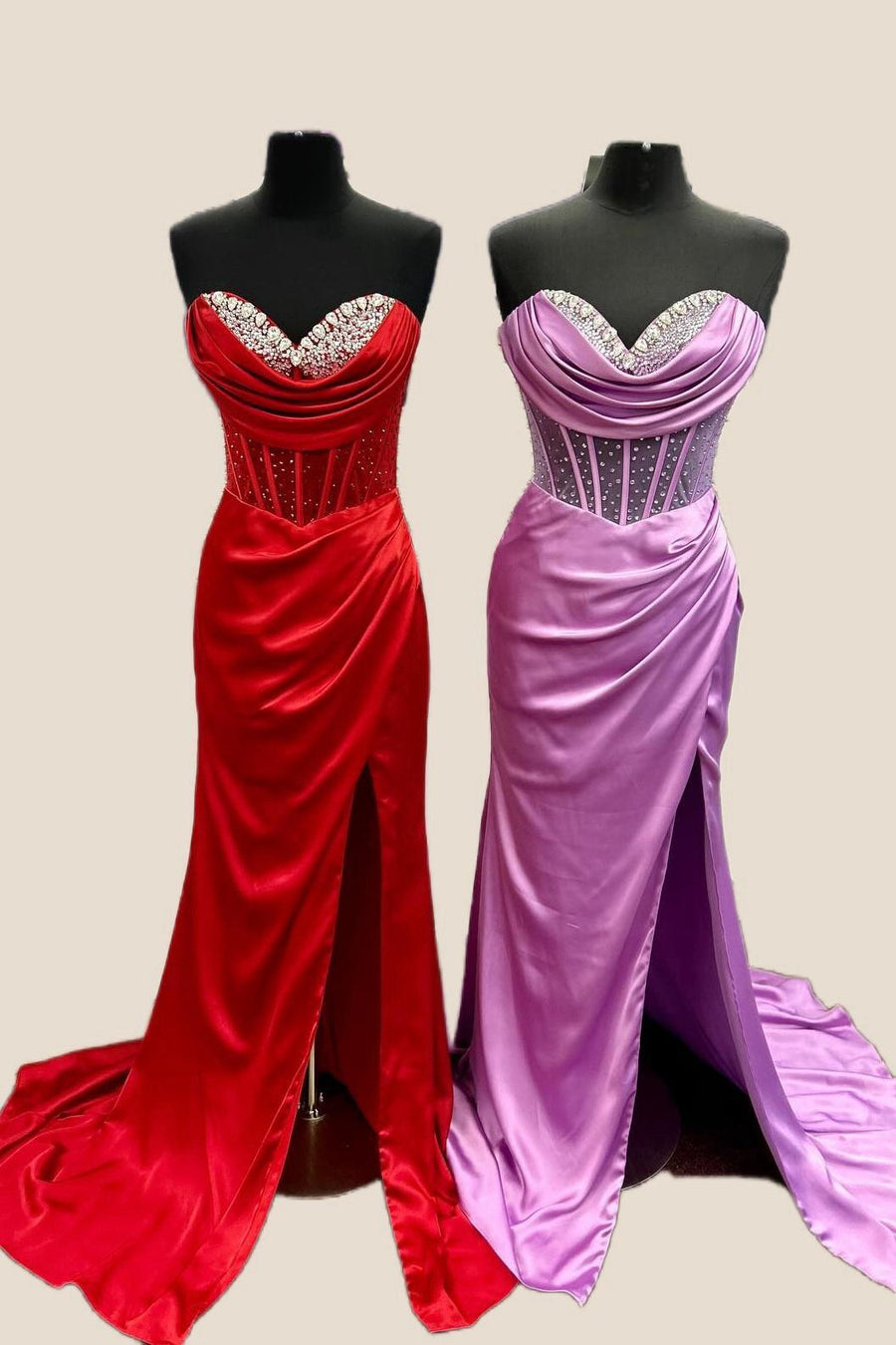 Strapless Fuchsia Beaded Long Dress with Slit